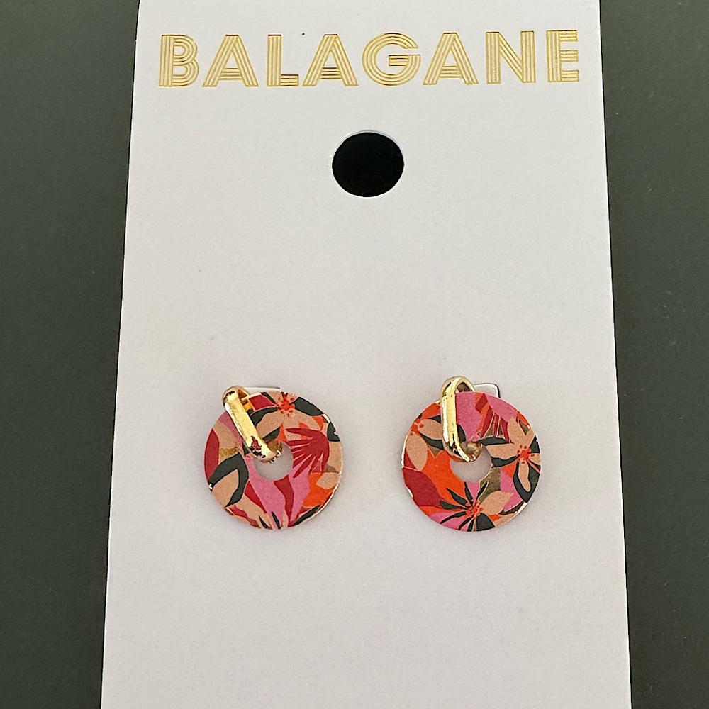 Balaboosté Balagane Pink and Gold Floral Small Round Earrings French Fashion NWT